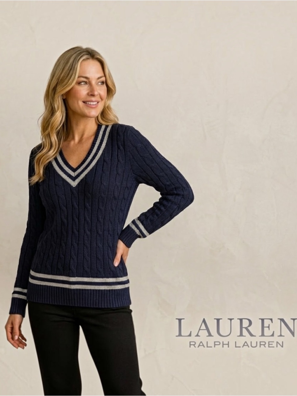 Lauren Ralph Lauren Navy Cable-Knit V-Neck Sweater with Contrast Trim
